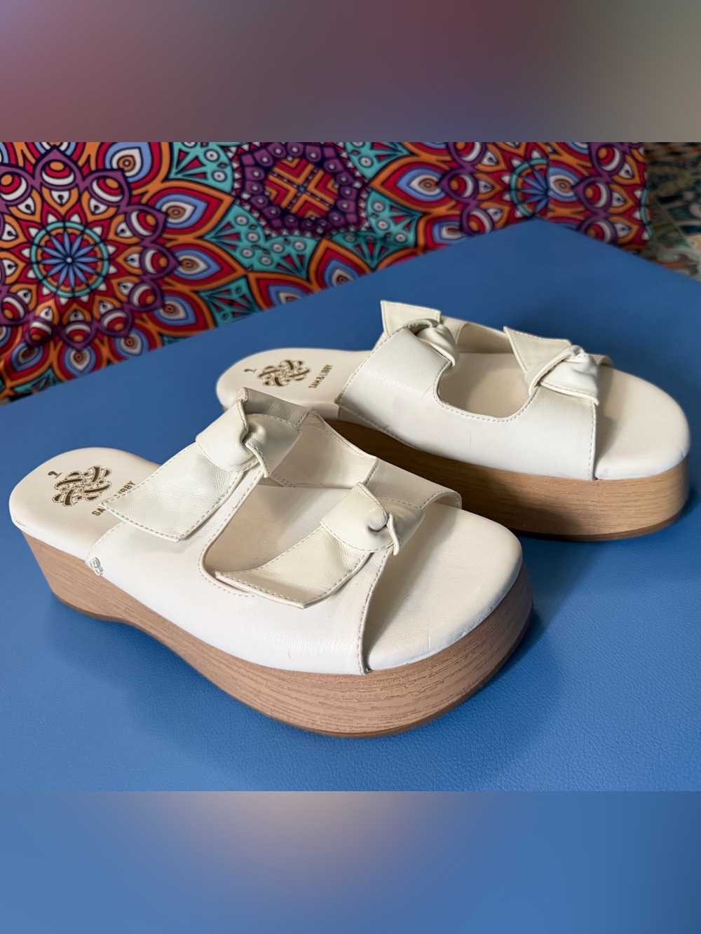 Sam & Libby Cream Platform Slide Sandals with Wood-Look Sole